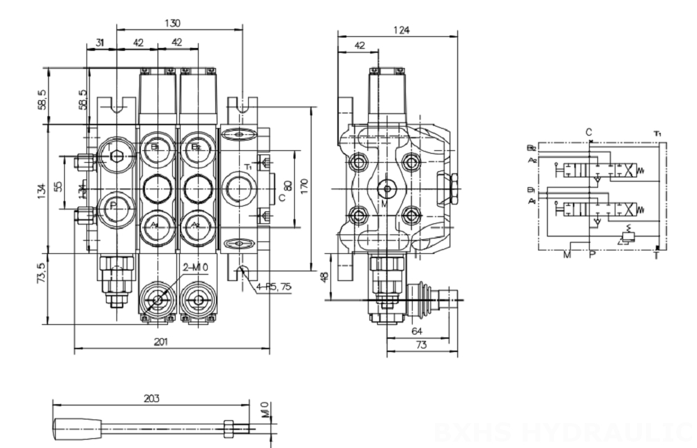 DCV100 يدوي صمام 2 صمام اتجاهي قطاع drawing image