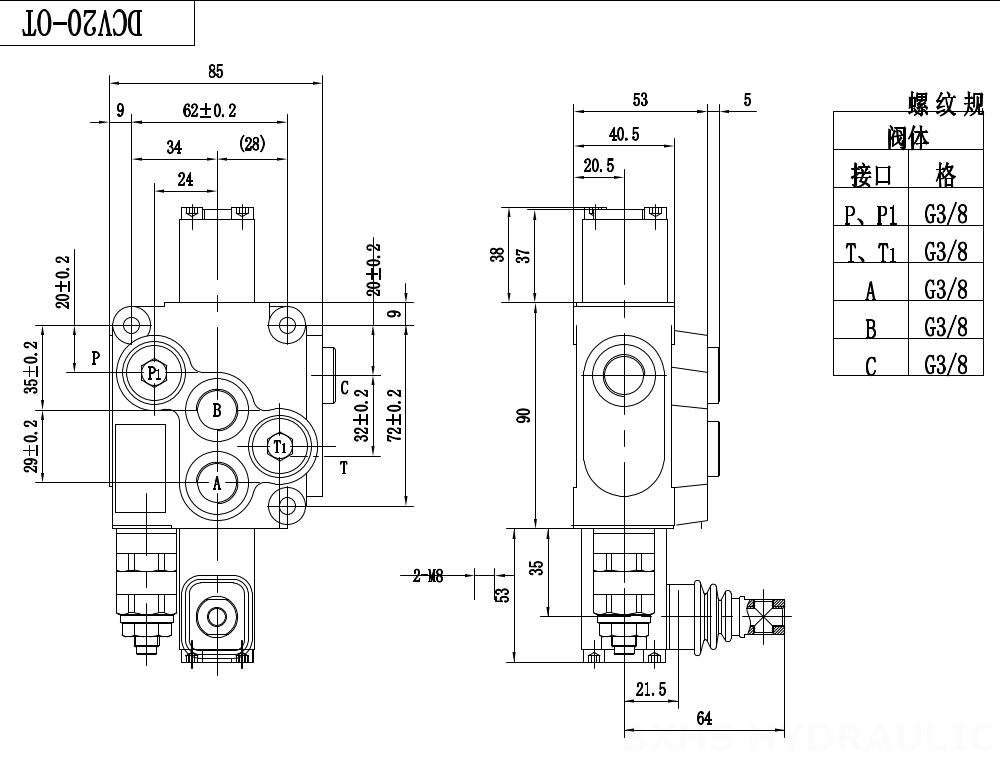 DCV20 يدوي صمام 1 صمام اتجاهي كتلة واحدة drawing image