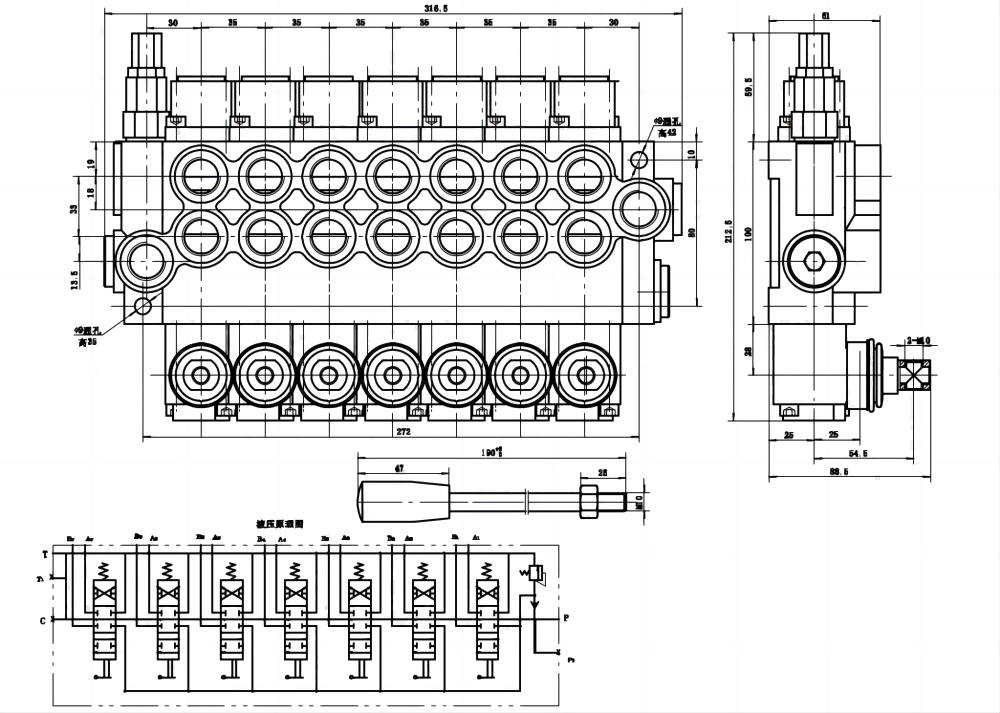 P40-U78 يدوي صمام 7 صمام اتجاهي كتلة واحدة drawing image