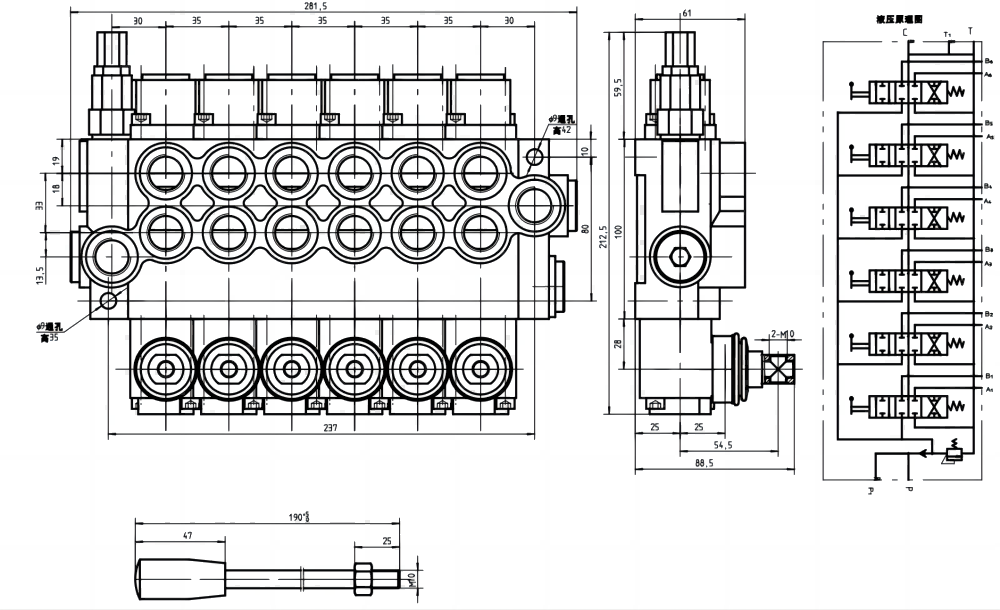 P40-G12-G38 يدوي صمام 6 صمام اتجاهي كتلة واحدة drawing image