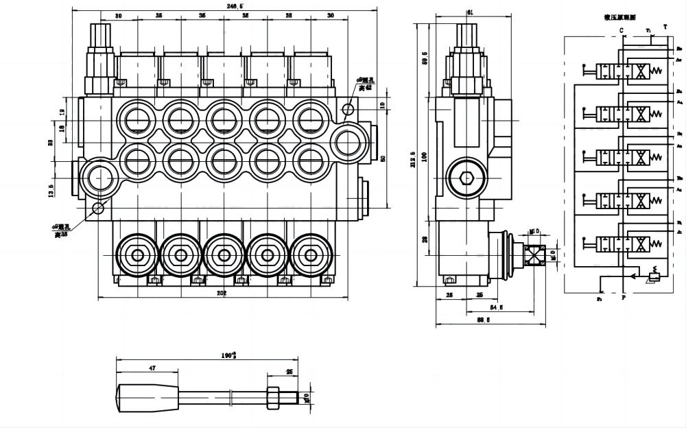 P40-G12-G38 يدوي صمام 5 صمام اتجاهي كتلة واحدة drawing image