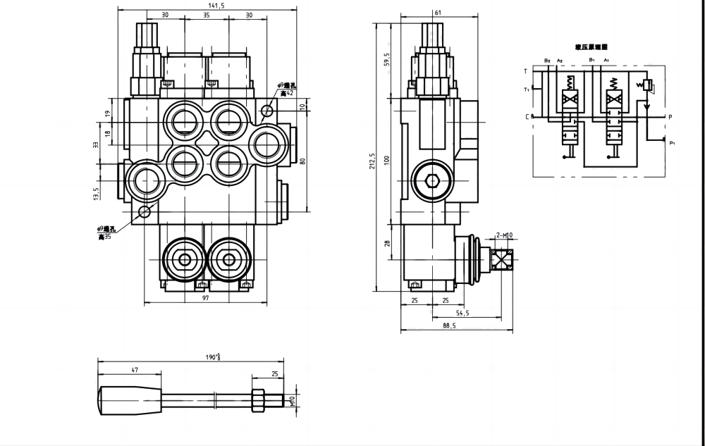 P40-U78-U34-OT-YW يدوي صمام 2 صمام اتجاهي كتلة واحدة drawing image