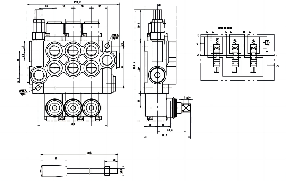 P40-U78-U34-2OT-YW يدوي صمام 3 صمام اتجاهي كتلة واحدة drawing image