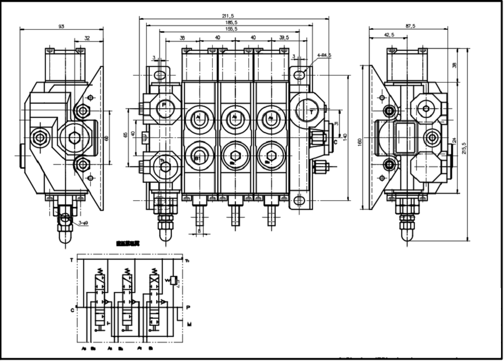 HSDS15 يدوي صمام 3 صمام اتجاهي كتلة واحدة drawing image