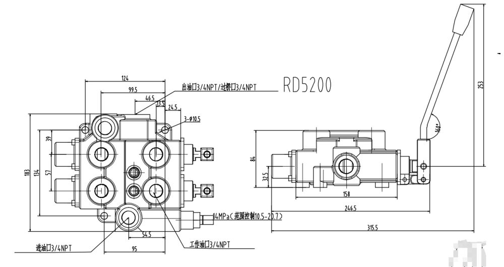 RD5200-H يدوي صمام 2 صمام التحكم الهيدروليكي drawing image