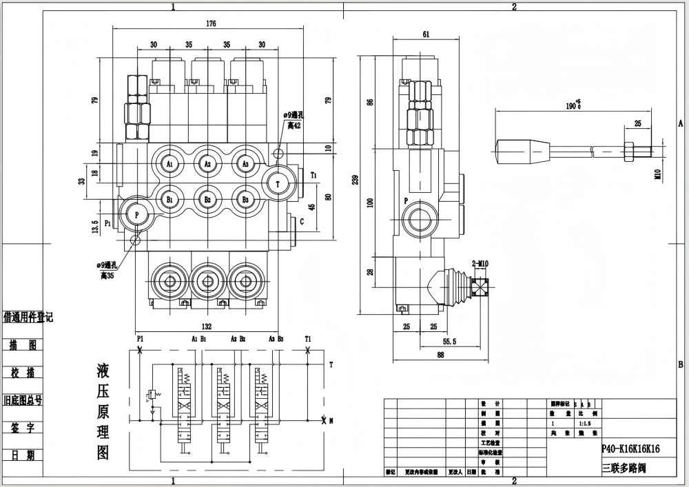 P40-G12-G38-3QTW1 يدوي صمام 3 صمام اتجاهي أحادي الكتلة drawing image