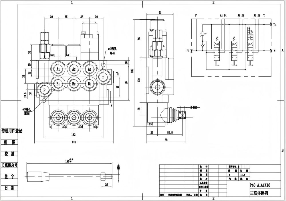 P40-G12-G38-2OT-QTW1 يدوي صمام 3 صمام اتجاهي أحادي الكتلة drawing image