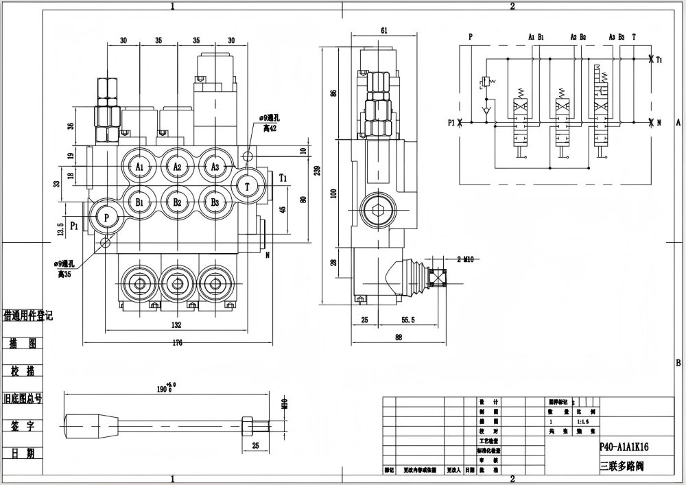 P40-G12-G38 يدوي صمام 3 صمام اتجاهي أحادي الكتلة drawing image