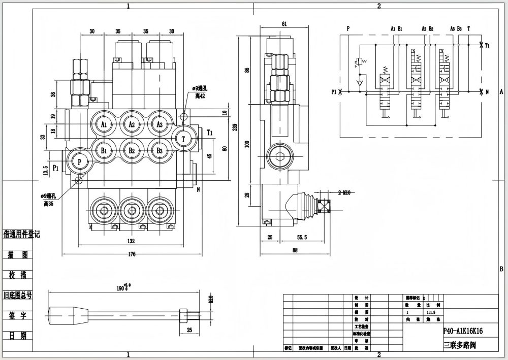 P40-G12-G38-OT-2QTW1 يدوي صمام 3 صمام اتجاهي أحادي الكتلة drawing image