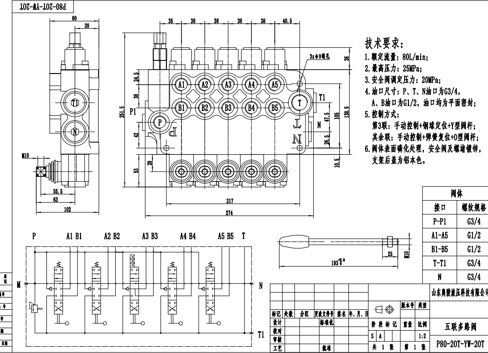 P80-G34-G12-2OT-YW-2OT يدوي صمام 5 صمام اتجاهي أحادي الكتلة drawing image